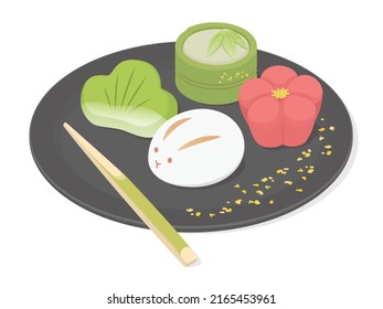 Vector illustration of traditional Japanese sweets - Wagashi - in the shape of rabbit, pine, bamboo and Japanese apricot blossom.