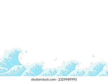 Vector illustration of traditional Japanese waves. Light blue cool frame design. White background.