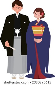 The vector illustration of a traditional Japanese wedding (montsuki hakama and hiki-furisode).