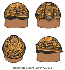 Ilustração vetorial de um tradicional chapéu blangkon javanês mostrado de vários ângulos. Uma peça de cabeça cultural usada por homens em Java, na Indonésia, com padrões étnicos detalhados de batik.