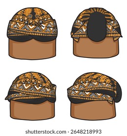Vector illustration of a traditional Javanese blangkon hat shown from multiple angles. A cultural headpiece worn by men in Java, Indonesia, with detailed ethnic batik patterns.