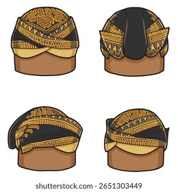 Ilustração vetorial de um tradicional chapéu blangkon javanês mostrado de vários ângulos. Uma peça de cabeça cultural usada por homens em Java, na Indonésia, com padrões étnicos detalhados de batik.