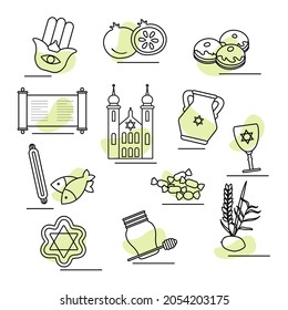 Vector illustration Traditional Jewish symbol Israel Judaism Religious Happy Holiday Chanukah Passover Hanukkah Sukkot Rosh Hashanah Yom kippur Mezuzah Torah Synagogue Oil Donuts Pomegranate Hamsa