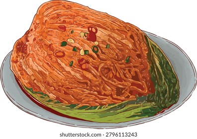 Vector illustration of traditional Korean kimchi cabbage (baechu-kimchi) with vibrant red chili paste	