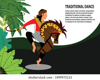 Ilustración vectorial del tradicional baile Kuda Lumping (caballo) de Java Central, Indonesia, que representa el valor de un guerrero en el antiguo reino.