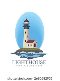 Ilustração vetorial do conceito tradicional de casa de luz em pequena ilha.