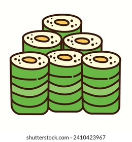 Ilustración vectorial de los tradicionales aperitivos locales típicos de la isla indonesia de Java, arroz lleno de huevos y otras muchas especias envueltas en hojas de plátano.