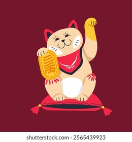 A vector illustration of a traditional lucky cat holding a gold coin, sitting on a red cushion. Designed in a flat style with cultural and festive appeal.