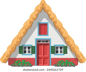 Vector illustration of a traditional Madeira thatched roof house in cartoon style isolated on white background. Traditional Houses of the World Series