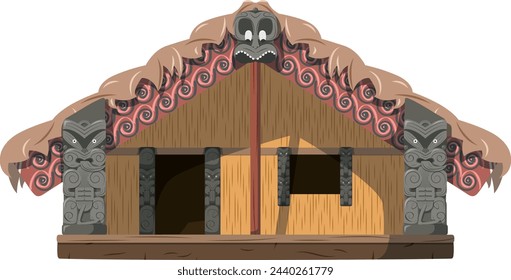 Vektor-Illustration eines traditionellen Maori Wharenui Haus im Cartoon-Stil isoliert auf weißem Hintergrund. Traditionelle Häuser der World Series