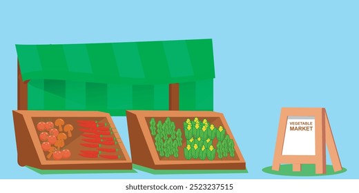 Vector illustration of a traditional market, with stalls selling fresh vegetables and fruits. products such as tomatoes, carrots, chilies. with wooden stalls and umbrellas to protect from the sun.