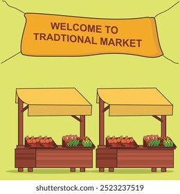 Vector illustration of a traditional market, with stalls selling fresh vegetables and fruits. products such as tomatoes, carrots, chilies. with wooden stalls and umbrellas to protect from the sun.