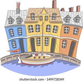 Vector illustration. Traditional medieval houses in the historical part of Copenhagen.
