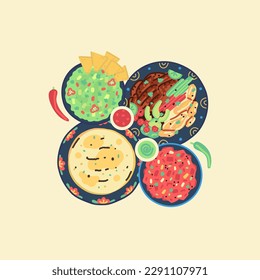 Vector illustration of traditional mexican food. Mexican cuisine. Tortilla, fajitas, nachos, guacamole, salsa. Hand drawn design for poster, restaurant menu, book of recipes