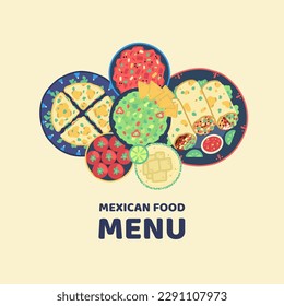 Vector illustration of traditional mexican food. Quesadilla, nachos, guacamole, salsa, burrito, tomato, margarita. Hand drawn design for poster, restaurant menu, book of recipes