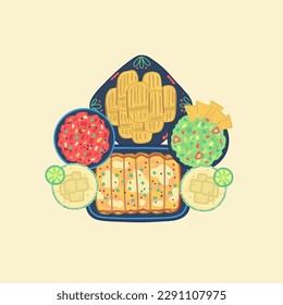 Vector illustration of traditional mexican food. Mexican cuisine. Nachos, guacamole, salsa, enchiladas, tamales, margarita. Hand drawn design for poster, restaurant menu, book of recipes