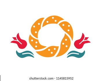 Vector illustration of traditional middle eastern sesame bagel Simit with tulip flowers. Logo, banner, icon design for cafe, bakery, street food cart. Isolated element in modern flat style on white.