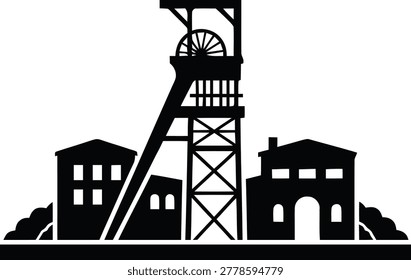 Vector illustration of a traditional mining headframe with surrounding industrial buildings, isolated on white background.