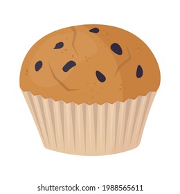 Vector illustration of traditional muffin with chocolate crumbs. Chocolate cupcake isolated on white background. Bakery element in flat style