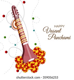 Vector illustration of a Traditional musical instrument Veena with religious offerings on rangoli for Hindu Community festival, Vasant Panchami celebration.