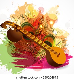 Vector illustration of a Traditional musical instrument Veena with religious offerings on rangoli for Hindu Community festival, Vasant Panchami celebration.