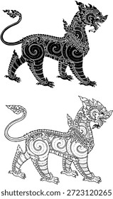 Vector illustration of a traditional mythical creature from Southeast Asian folklore (Thai and Lao culture). This intricate black and white line art depicts the 'Hatsadiling' (bird with an elephant trunk) and 'Siho' (Lion-Elephant hybrid) usually found in Himmapan forest legends. Perfect for tattoo designs, logo templates, textile patterns, temple decorations, or Asian-themed graphic design projects. Isolated on white background.