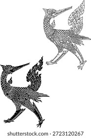 Vector illustration of a traditional mythical creature from Southeast Asian folklore (Thai and Lao culture). This intricate black and white line art depicts the 'Hatsadiling' (bird with an elephant trunk) and 'Siho' (Lion-Elephant hybrid) usually found in Himmapan forest legends. Perfect for tattoo designs, logo templates, textile patterns, temple decorations, or Asian-themed graphic design projects. Isolated on white background.