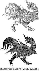 Ilustración vectorial de una criatura mítica tradicional del folclore del sudeste asiático (cultura tailandesa y lao). Esta intrincada línea de arte en blanco y negro representa el 'Hatsadiling' (pájaro con una trompa de elefante) y 'Siho' (híbrido León-Elefante) que generalmente se encuentran en las leyendas del bosque del Himalaya. Perfecto para diseños de tatuajes, Plantillas de logotipos, patrones textiles, decoraciones de templos o proyectos de Diseño gráfico de temática asiática. Aislado sobre fondo blanco.