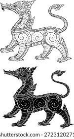 Vector illustration of a traditional mythical creature from Southeast Asian folklore (Thai and Lao culture). This intricate black and white line art depicts the 'Hatsadiling' (bird with an elephant trunk) and 'Siho' (Lion-Elephant hybrid) usually found in Himmapan forest legends. Perfect for tattoo designs, logo templates, textile patterns, temple decorations, or Asian-themed graphic design projects. Isolated on white background.