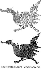 Ilustración vectorial de una criatura mítica tradicional del folclore del sudeste asiático (cultura tailandesa y lao). Esta intrincada línea de arte en blanco y negro representa el 'Hatsadiling' (pájaro con una trompa de elefante) y 'Siho' (híbrido León-Elefante) que generalmente se encuentran en las leyendas del bosque del Himalaya. Perfecto para diseños de tatuajes, Plantillas de logotipos, patrones textiles, decoraciones de templos o proyectos de Diseño gráfico de temática asiática. Aislado sobre fondo blanco.