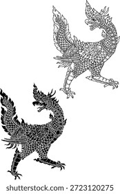 Ilustración vectorial de una criatura mítica tradicional del folclore del sudeste asiático (cultura tailandesa y lao). Esta intrincada línea de arte en blanco y negro representa el 'Hatsadiling' (pájaro con una trompa de elefante) y 'Siho' (híbrido León-Elefante) que generalmente se encuentran en las leyendas del bosque del Himalaya. Perfecto para diseños de tatuajes, Plantillas de logotipos, patrones textiles, decoraciones de templos o proyectos de Diseño gráfico de temática asiática. Aislado sobre fondo blanco.
