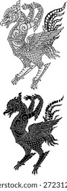 Ilustración vectorial de una criatura mítica tradicional del folclore del sudeste asiático (cultura tailandesa y lao). Esta intrincada línea de arte en blanco y negro representa el 'Hatsadiling' (pájaro con una trompa de elefante) y 'Siho' (híbrido León-Elefante) que generalmente se encuentran en las leyendas del bosque del Himalaya. Perfecto para diseños de tatuajes, Plantillas de logotipos, patrones textiles, decoraciones de templos o proyectos de Diseño gráfico de temática asiática. Aislado sobre fondo blanco.