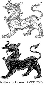 Ilustración vectorial de una criatura mítica tradicional del folclore del sudeste asiático (cultura tailandesa y lao). Esta intrincada línea de arte en blanco y negro representa el 'Hatsadiling' (pájaro con una trompa de elefante) y 'Siho' (híbrido León-Elefante) que generalmente se encuentran en las leyendas del bosque del Himalaya. Perfecto para diseños de tatuajes, Plantillas de logotipos, patrones textiles, decoraciones de templos o proyectos de Diseño gráfico de temática asiática. Aislado sobre fondo blanco.