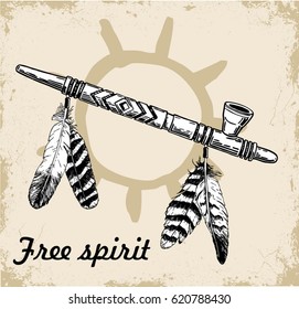 Vector illustration of a traditional Native American Peace Pipe. Hand drawing ink traditional indian smoking pipe of peace. Elements in native style for greeting card and tattoo design.