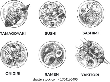 Vector illustration of traditional oriental Japanese exotic cuisine kitchen dishes. Tamagoyaki, sushi, sashimi, onigiri, ramen, yakitori. Vintage hand drawn engraving etched style.