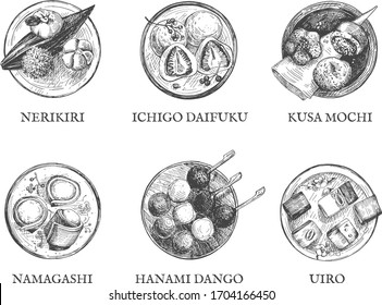 Vector illustration of traditional oriental Japanese cuisine kitchen desserts. Hanami dango, Nerikiri, Uirō, Kusa mochi, Ichigo daifuku, Namagashi. Vintage hand drawn engraving etched style.