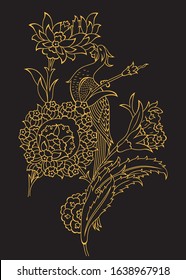 Vector illustration of traditional Ottoman bird and flower motif monochrome