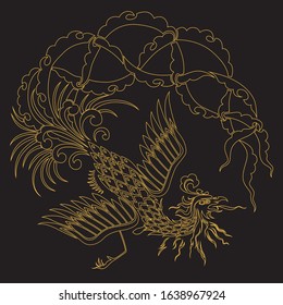 Vector illustration of traditional Ottoman bird and flower motif monochrome