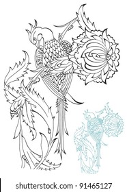 Vector illustration of traditional Ottoman bird and flower motif monochrome