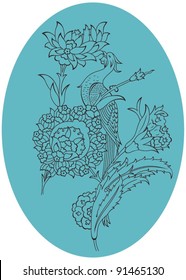 Vector illustration of traditional Ottoman bird and flower motif