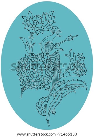 Vector illustration of traditional Ottoman bird and flower motif