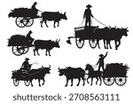 Vector illustration of traditional ox carts and horse-drawn carts carrying harvest goods, featuring farmers guiding the animals in various poses. Silhouette style, isolated on white background.