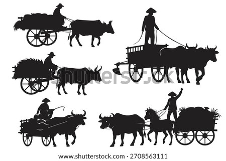 Vector illustration of traditional ox carts and horse-drawn carts carrying harvest goods, featuring farmers guiding the animals in various poses. Silhouette style, isolated on white background.