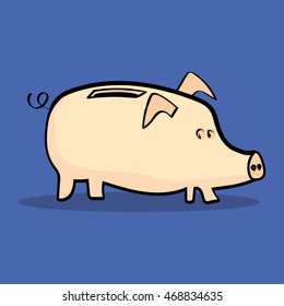 Vector illustration of traditional piggy bank with a coin slot and a curly tail standing on a blue background