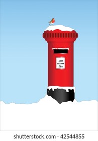 A vector illustration of a traditional post box in the snow with a robin perched on top.