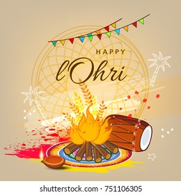 Vector Illustration of Traditional Punjabi festival Lohri celebration bonfire background with decorated drum with text .