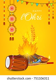 Vector Illustration of Traditional Punjabi festival Lohri celebration bonfire background with decorated drum with text .