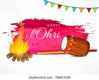 Vector Illustration of Traditional Punjabi festival Lohri celebration bonfire background with decorated drum with text .
