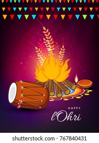 Vector Illustration of Traditional Punjabi festival Lohri celebration bonfire background with decorated drum with text .