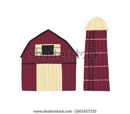 Vector illustration of a traditional red barn with a silo. Perfect for agricultural, farming, and rural-themed designs.